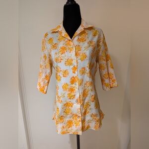 Vintage 1970s H Bar C Orange White Floral Shirt Top Shortsleeve Medium Ranchwear